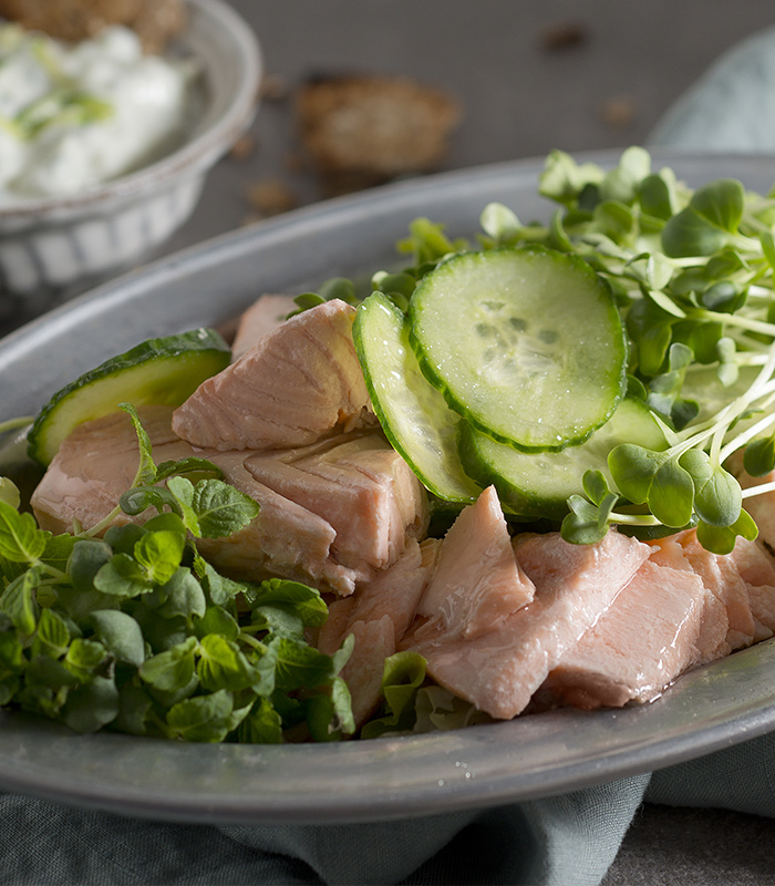 Insalata con salmone, cetrioli e yogurt